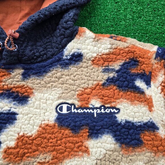Champion Hoodie Mens Medium Brown Blue Sherpa Camo Fleece Pullover Sweatshirt - Picture 3 of 12